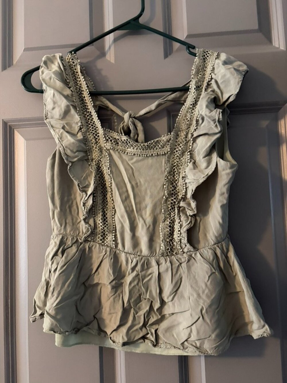 June & Ivy feminine ruffle tank top in a soft sage green color